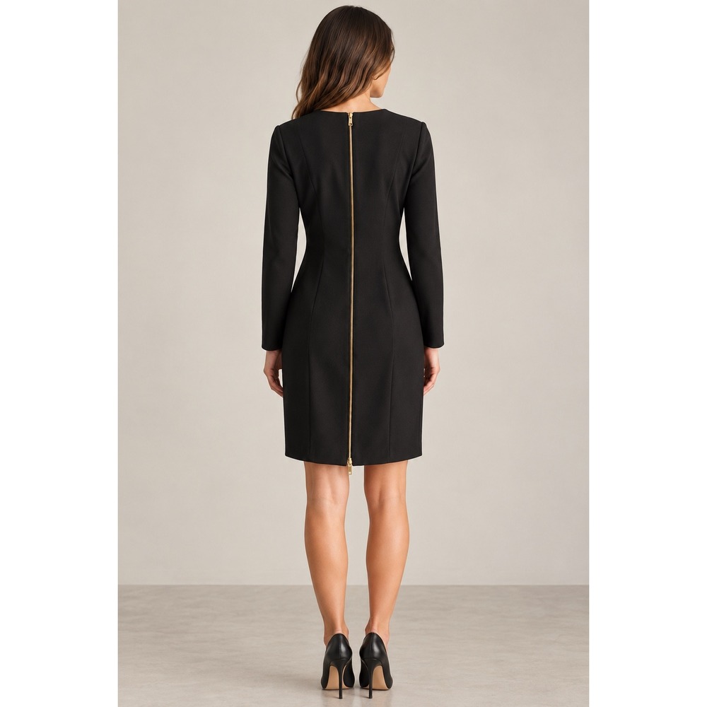 DKNY Black Long Sleeve Shift Dress Full Back Gold Zipper Crew Neck Size M